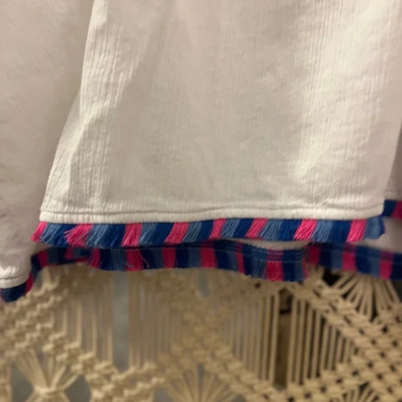 J. Crew White Tunic Gauze Beach Cover Up with Pink and Blue Fringe Trim - Picture 6 of 11